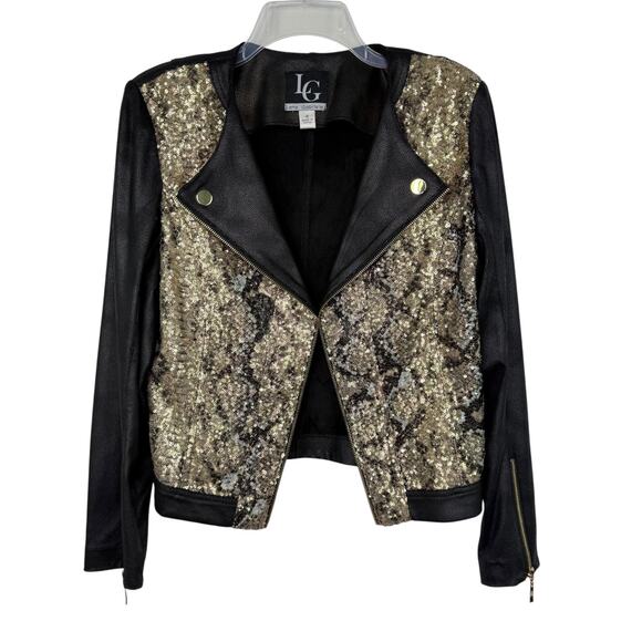 Lena Gabrielle Gold Black Sequin Snake Skin Print Moto Zip Jacket Women's Sz 8 - Picture 1 of 16